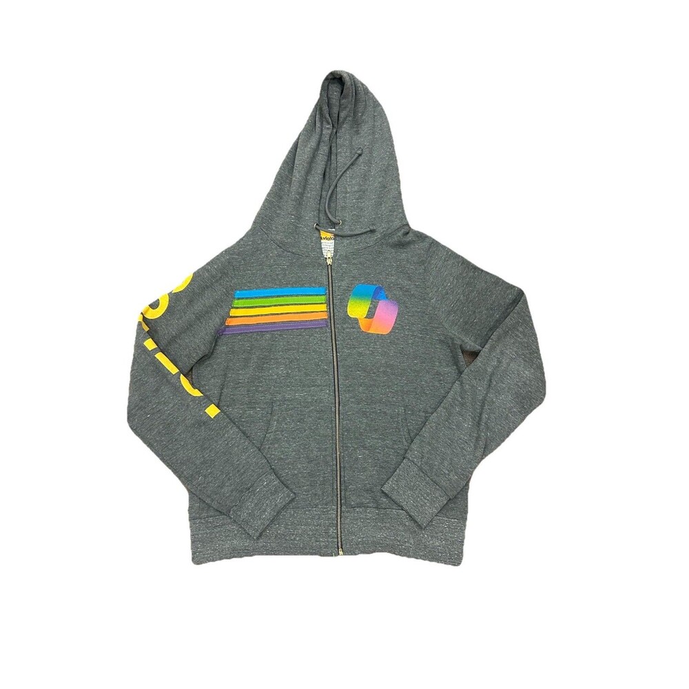 Aviator Nation Grey 5 Stripe Copilot Zip Up Hoodie Size Small Preppy Coding